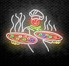 A Chef With Two Plates Of Pizza Neon Sign