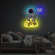 Astronaut Holding A Flag On The Moon LED Neon Acrylic Artwork