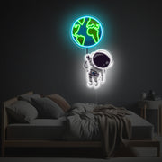 Astronaut Holding The Earth Balloon LED Neon Acrylic Artwork