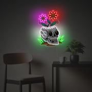 Daisies With Skull Head Vase LED Neon Acrylic Artwork