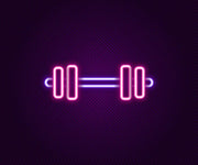 Glowing Neon Line Barbell Icon Isolated On Black Background