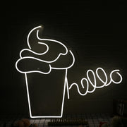 Hello With Ice Cream White Neon Sign