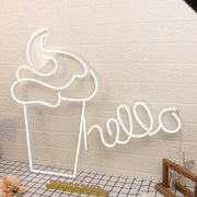 Hello With Ice Cream White Neon Sign