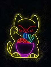 Lucky Cat Eating Noodles Neon Sign