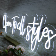 Open To All Styles White Neon Sign