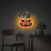 Tom And Jerry With Halloween Pumpkin LED Neon Acrylic Artwork