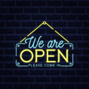 We Are Open Blue and Yellow Neon Sign