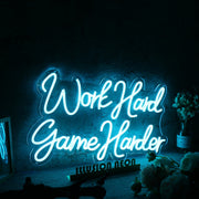 Work Hard Game Harder Blue Neon Sign