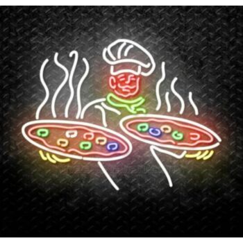 A Chef With Two Plates Of Pizza Neon Sign