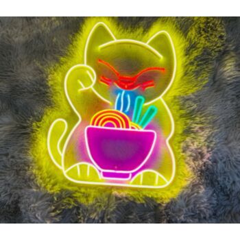 Lucky Cat Eating Noodles Neon Sign